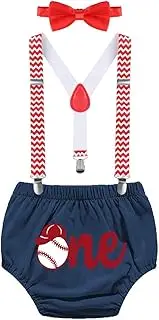 [FMYFWY] Baby Boys 1st Birthday Outfits Baseball Themed Cake Smash Photo Shoot Set Bloomers Diaper Cover Suspender Bow Tie