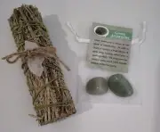 Blue Sage Smudge Stick 10cm with Crystal Quartz & 2 x Green Aventurine Stones