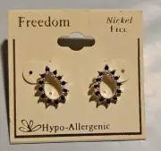 Freedom Brand Teardrop Earrings W Black Gemstones Silver Tone .5 Inch Post Back