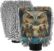 XYMZR Owl Book Sit Absorbent Microfiber Car Wash Mitt, Funny Cute Anime Scratch Free for Cars Cleaning, Home Cleaning Mitts, 2 Pack, 10.24” L x 7.09” W