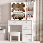 Dressing Table Set Makeup Vanity Desk With Stool & LED Lights & Sliding Mirror