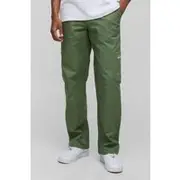 Mens Green Relaxed Fit Canvas Embroidery Panelled Cargo Trouser
