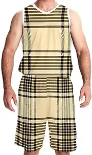 [KQNZT] Basketball Jerseys Shorts Sport Set, Jersey Shorts Outfit Set, Mens Basketball Jerseys, Khaki Vintage Lattice Plaid Grid