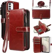 [Asuwish] Phone Case for Samsung Galaxy A14/M14 5G Cover with Tempered Glass Screen Protector and Lanyard Zipper Wallet Card Holder Slot Stand Mobile Cell Accessories A 14 4G 14A 14M G5 Women Men Brown