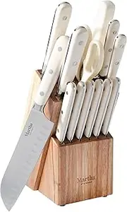 Martha Stewart 14 Piece High Carbon Stainless Steel Cutlery Knife Block Set w/ABS Triple Riveted Forged Handle Ashwood Block - Linen