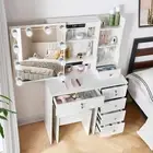 Modern Dressing Table Makeup Desk And Stool Set W/ LED Lights Mirror & 6 Drawers