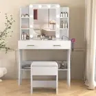 LED Vanity Desk w/ Mirror,Lights&Stool | Makeup Dressing Table w/ Storage&Outlet