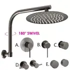 Gun Metal Grey 250mm Round Rain Shower Head Gooseneck Wall Arm Set Mixer Tap