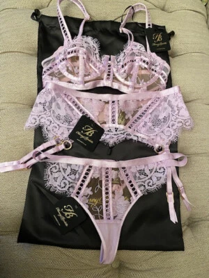 Honey Birdette Molly Three Piece Set Lilac Bra: 32 B Suspender: S Thong: XS