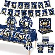 70P 90th Birthday Tableware Blue Gold,90th Birthday Cups Plates Napkins Tablecloth Paper,90th Birthday Table Decoration Set for Men Women 90th Birthday Party Supplies(16 Guests)