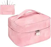 Yuilgdo Makeup Bag, Portable Cosmetic Bag, Large Capacity Travel Makeup Case Organizer,Stylish Denim-Look Toiletry Bag for Women Girls With Handle and Removable Pouch, Pink, Open Lid