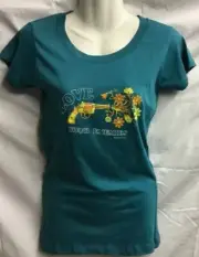 Go Fish Women's T-Shirt Love your Enemies Gun with Flowers Aqua Sz L