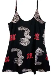 Sundress, Good Luck Dragons, Adjustable String, Medium, Black & Red Batik, Rayon