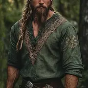 Men's Shirt Linen Shirt Viking Style Popover Shirt Summer Shirt Beach Wear Geometric Vacation Street Blue Green Khaki Long Sleeve V Neck Summer Spring Clothing