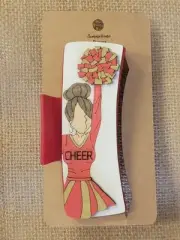 Hand Painted Wood Cut Red & Gold Cheerleader Claw Clip On Blue Clip 4.1"
