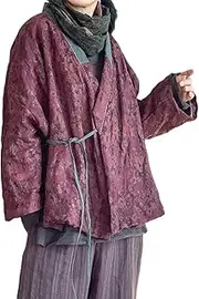 [NFYM] Women's Cotton Padded Short Jacket Kimono Cardigan Wrap Front Chinese Hanfu Style Printed Patchwork Loose Outwear