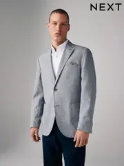 Chambray Blue Regular Fit Textured Linen Blend Blazer (509164) | $162
