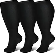 [Genovega] 3 Packs Wide Calf Compression Socks for Women Men Knee Hight Plus Size Extra Graduated Stocking Calcetas Medias Para Mujer Big Running School Travel Flight Sports Excise New Mom Birth Gifts Black 2XL