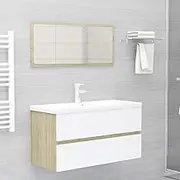 Bathroom Furniture Set White and Sonoma Oak Engineered Wood,Bathroom Vanity Unit Set with Builtin Ceramic Sink and Mirror in Sonoma Oak Bathroom Furniture