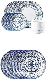 Signature Dinnerware, 18 Piece Set with Corelle Bread and Butter plates 6 piece set, Portofino Blue and White bundle