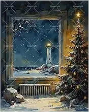 Coastal Christmas View Paint by Numbers Kit for Adults - DIY Christmas Tree and Lighthouse Through Window Painting on Canvas 16x20In, Acrylic Paint Set for Beginners, Art for Home Decoration