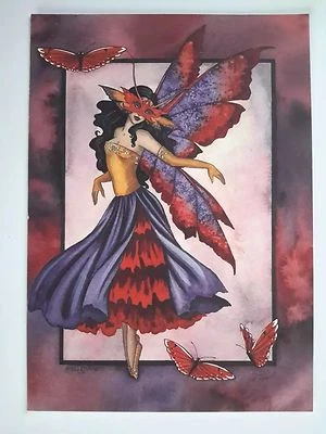 AMY BROWN NEW &MINT FAIRY POSTCARD/MINI ART PRINT BUTTERFLY MASQUERADE FAIRY FAE