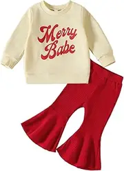 [Generic] Checker Pants Kids Toddler Baby Girls Autumn Winter Christmas Print Cotton Long Sleeve Tops Bell Bottom Set Clothes 4 Month Baby Girl Clothes (D, 12-18 Months)