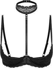 [Loodgao] Women's Sexy Lingerie Lace 1/4 Cups Underwired Bra Tops Halter Push Up Shelf Unlined Brassiere