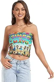 [RPLIFE] Cinco De Mayo Mexico Crop Top Strapless Top, Sheer Tube Tops, Trendy Crop Tops (S)