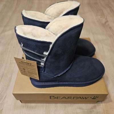 Bearpaw Terri Suede Boots Womens 8.5 Cadet Navy Blue Slip On Sherpa Lined New