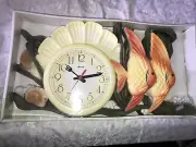 NOS htf LAUREL Novelty KIRCH 1572BD Seashell CLAM Orange/Gold FISH 3D WALL CLOCK