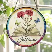 Custom Stained Glass Name with Birth Flower Book Suncatcher, Garden Decor
