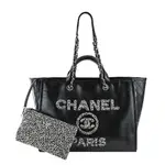 CHANEL 經典DEAUVILLE小牛皮金鍊大號托特包(黑色)