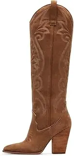 [VOMIRA] Knee High Cowboy Boots for Women Pointed Toe Chunky High Heels Pull-on Embroidered Boots Western Boots Wide Calf Cowgirl Boots