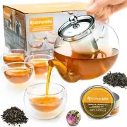 Stovetop Compatible Glass Teapot with Double Wall Cups - Perfect Gift Set