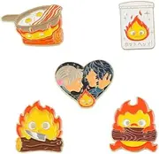 [Yikki] Aboniton Howl's Moving Castle Enamel Pins 5Pcs Cute Flame Badge Brooch Animation Character Lapel Pin Badge Metal Badges Pin Set Jewelry Fan Gift Jackets Hats Bags Dress, Enamel,Metal