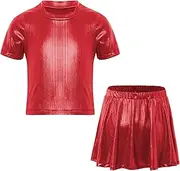 [FEESHOW] Kids Girls Jazz Hip Hop Dance Costume Shiny Metallic Short Sleeve Crop Tops with Skirts Set