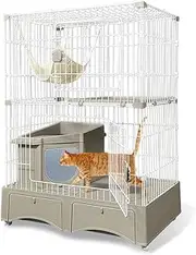 Iris Plaza MB246 Cat Cage, Integrated Toilet, Cat Cage, 2 Tiers (Includes Cat Sand Scoop, Hammock), Gray
