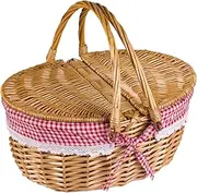 Picnic Basket, 35cm/13.9inch Foldable Wicker Baskets with Lid & Handle, Rustic Hand Woven Hamper Basket for Picnic Snack Fruits Easter Eggs(Red)