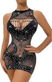 [Generic] Womens Rhinestone Fishnet Lingerie Mini Dress Cut Out Sheer Negligee Sleepwear