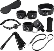 Sex Bondage Leather Restraint Sex Set, 8PCS Bondage Restraints Set Fetish Bed Restraints Kits SM Adult Games Handcuffs Ball Gag Rope Whip Blindfold BDSM SM Sex Toys for Men Women and Couples (Black)