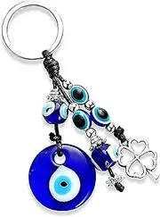 [Generic] Handmade Turkish Evil Eye Keychain & Four Leaf Silver Clover Car Key Ring and Hanging Ornament with Good Luck Evil Eye Beads, 4 inch length by 1 inch wide