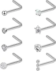 [MJust] G23 Titanium Nose Ring Studs L Shaped 20g 8Pcs Titanium Nose Rings for Women Men CZ Star Heart Nose Piercing Studs Pure Titanium Nostril Piercing for Sensitive Skin