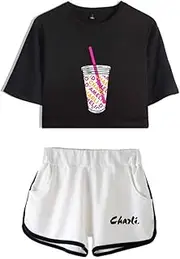 [C_EDITION1] Cute T-Shirt Shorts Set Charli D'Amelio Cosplay Ice Coffee Splash Harajuku Printed Outfits for Girls Ladies