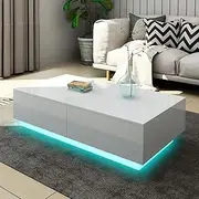 Luxsuite Rectangle Coffee Table High Gloss Living Room Storage Modern Furniture 4 Drawers 16 LED Colours White