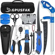GPUSFAK Fishing Tool Kit - 8 Pieces Gear With Pliers, Lanyard, Fillet Knife, Fish Lip Gripper, Fly Ice Hook Extractor, Anti-Cutting Gloves