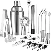 WOTOW Cocktail Shaker Set, 24 Piece Stainless Steel Bartender Kit Cocktail Kit Bar Tools with Shaker Mixing Spoon Muddler Bottle Stoppers Liquor Pourers Jigger Strainer for Home Bar Party