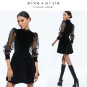Alice + Olivia PAULETTE VELVET MOCK NECK PUFF SLEEVE MINI DRESS in Size 14, NWT