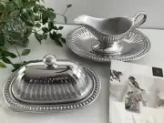 Wilton Armetale Flutes Pearls Hostess Set -Butter Dish -Gravy Boat -Bread Tray