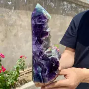 2.6lb Natural Rainbow Fluorite Obelisk Quartz Crystal Wand Tower Point Healing.